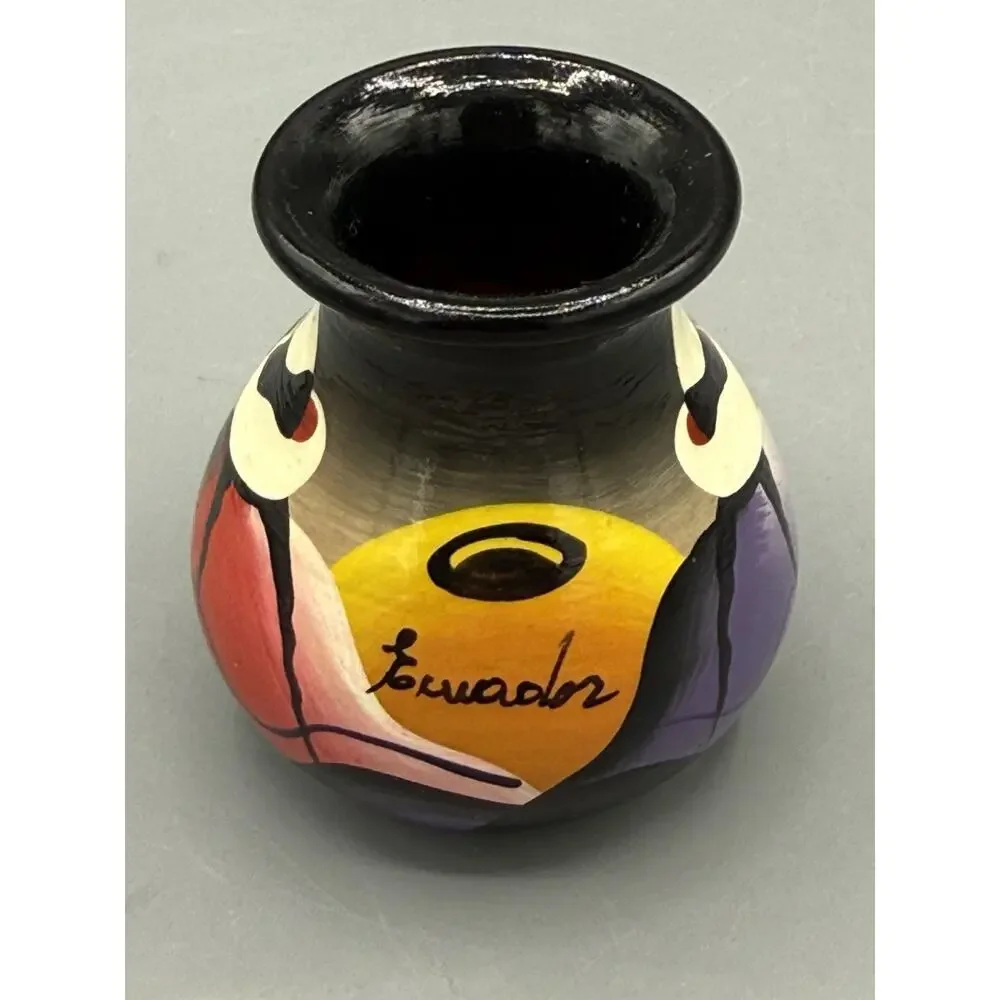 Signed Hand Painted Wooden Bud Vase Abstract Faces Folk Art 3” Decor